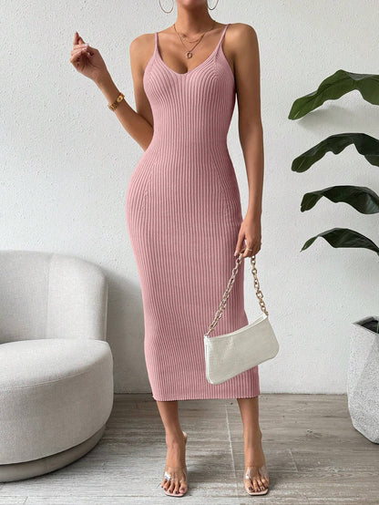 Raffinée Women's Elegant Solid Color Slim Fit Sleeveless Knit Sweater Dress