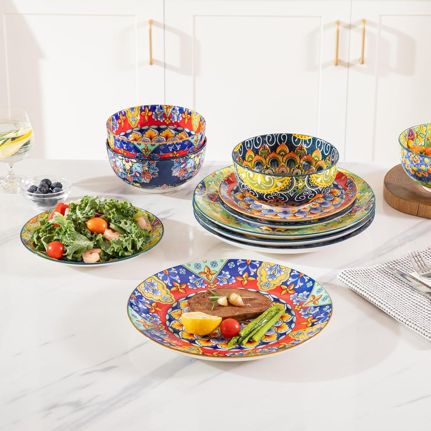 Ceramic Dinnerware Sets for 4,12 Pieces Boho Plates and Bowls for Kitchen,Housewaring Gift,Bohemian Style Dish Set,Dishwasher and Microwave Safe(Colorful)