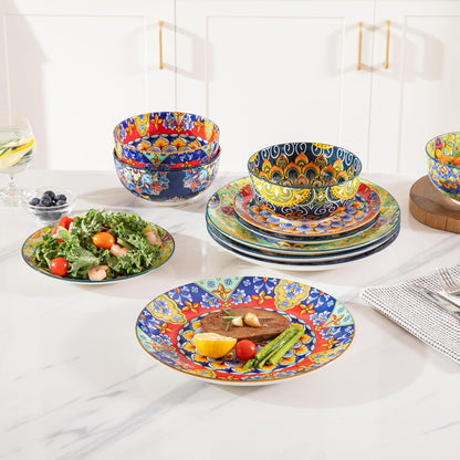 Ceramic Dinnerware Sets for 4,12 Pieces Boho Plates and Bowls for Kitchen,Housewaring Gift,Bohemian Style Dish Set,Dishwasher and Microwave Safe(Colorful)
