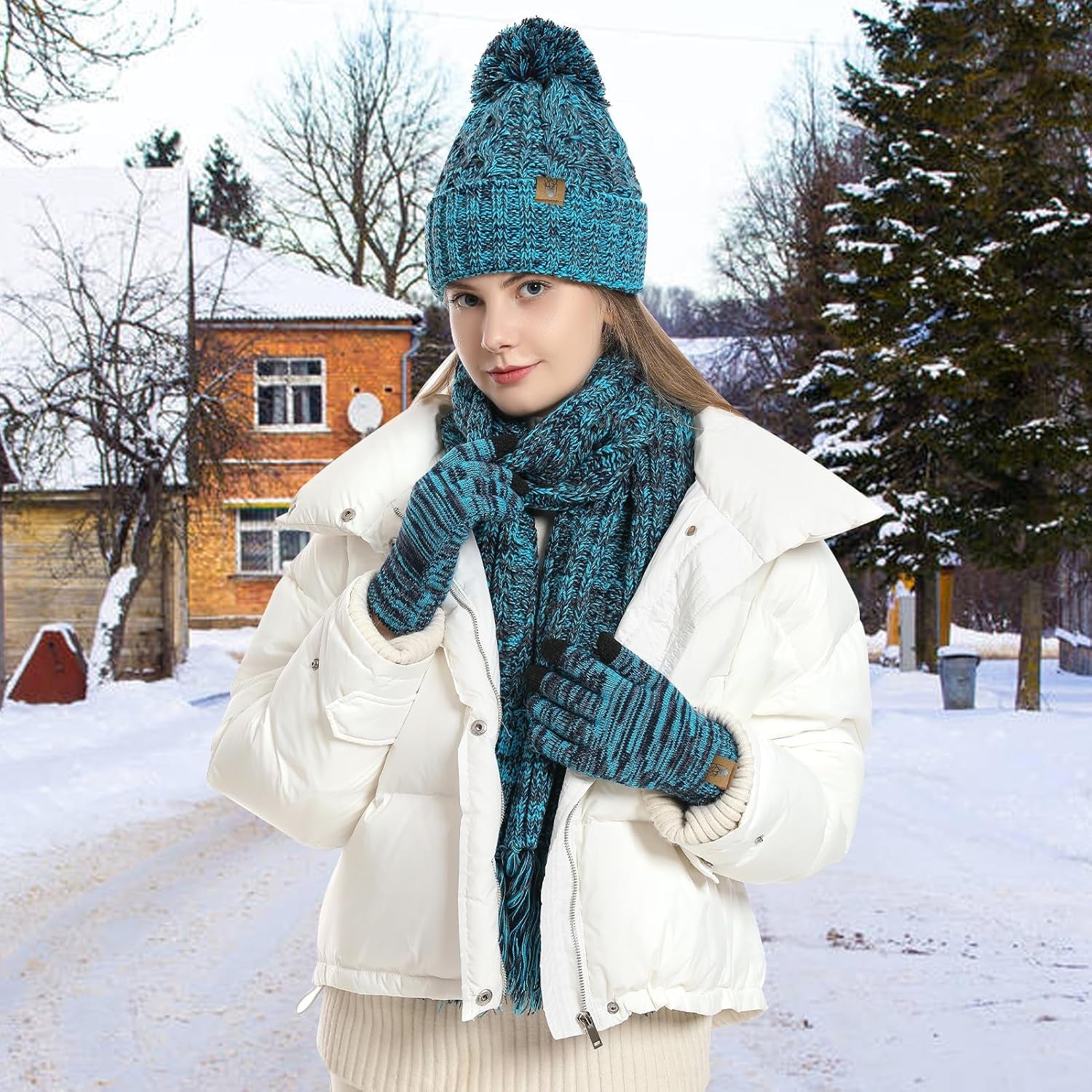 Hat Scarf Gloves Set Women'S Beanie Hat Long Scarf and Thermal Touch Screen Gloves Set 3 PCS Soft Warm Winter Knitted Pom Cap Set for Ladie