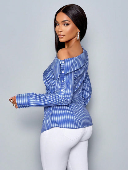 SOLERSUN Women'S Casual Blue Blouse with Long Sleeve, Asymmetrical Neck, Pleated Details, Turndown Collar, and Single-Breasted Closure, Random Floral Print One Shoulder Top