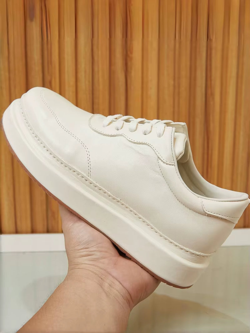 Spring New Men'S Horse Leather Thick Soled Simple British Style White Casual Board Shoes