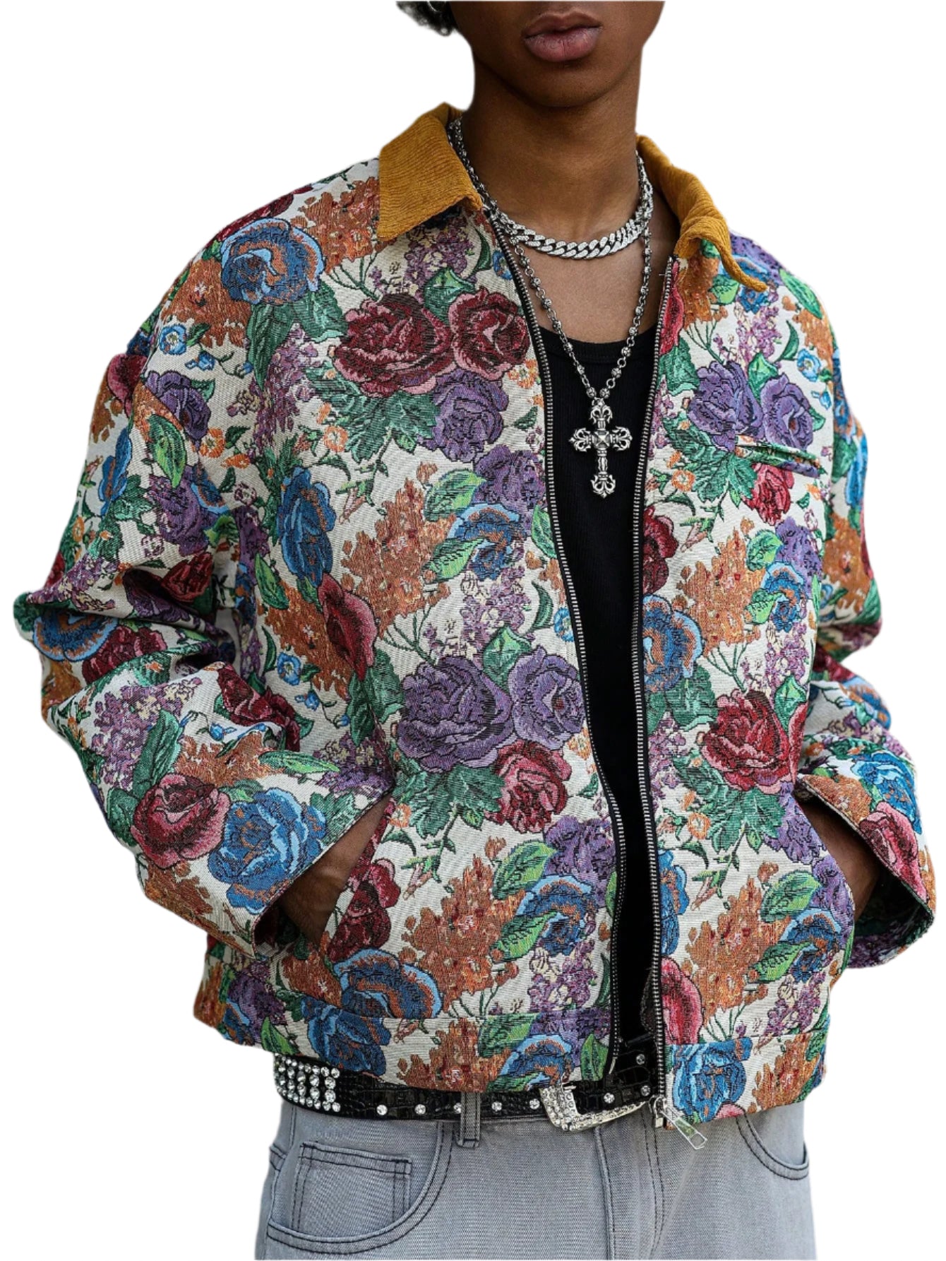 Manfinity Homme Men Hawaiian Print Floral Pattern Jacquard Jacket Summer Outerwear, Street Fashion Colorful Pattern Rave Long Sleeve Jacket, Gift for Friends, Husband, Boyfriend
