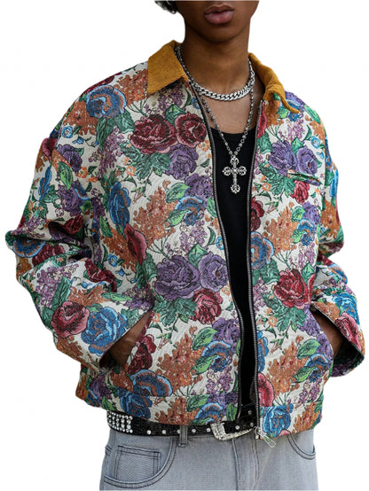 Manfinity Homme Men Hawaiian Print Floral Pattern Jacquard Jacket Summer Outerwear, Street Fashion Colorful Pattern Rave Long Sleeve Jacket, Gift for Friends, Husband, Boyfriend