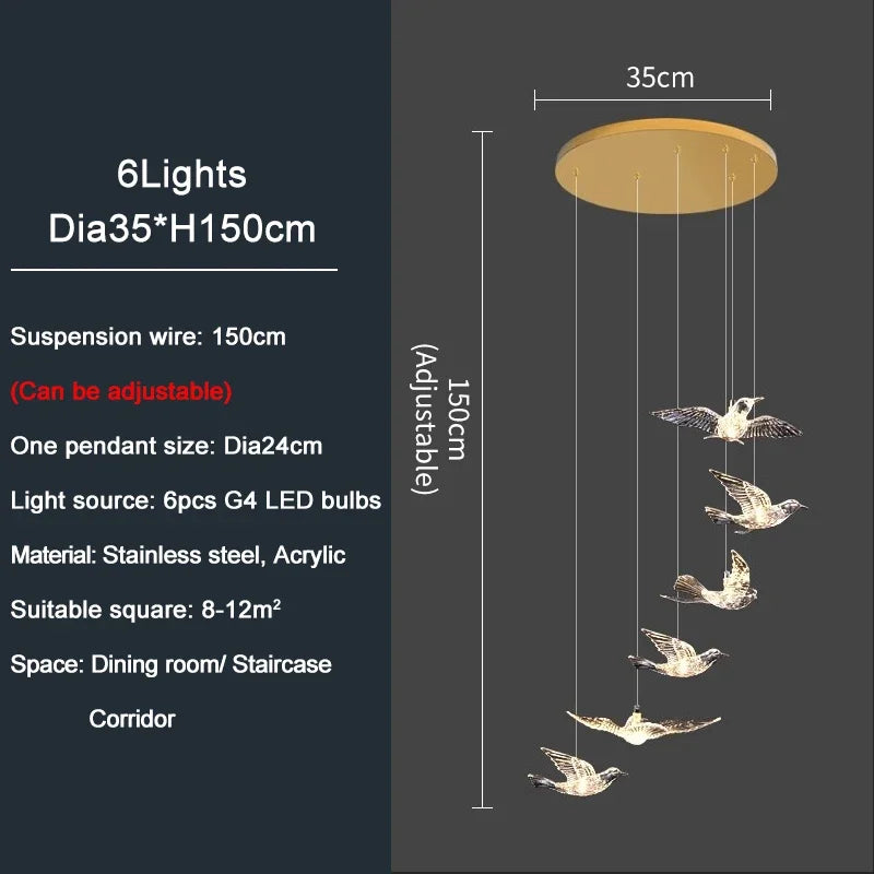 Luxury Led Chandelier for Staircase Modern Home Decor Hanging Lamp Creative Bird Design Lighting Acrylic Living Room Lustre