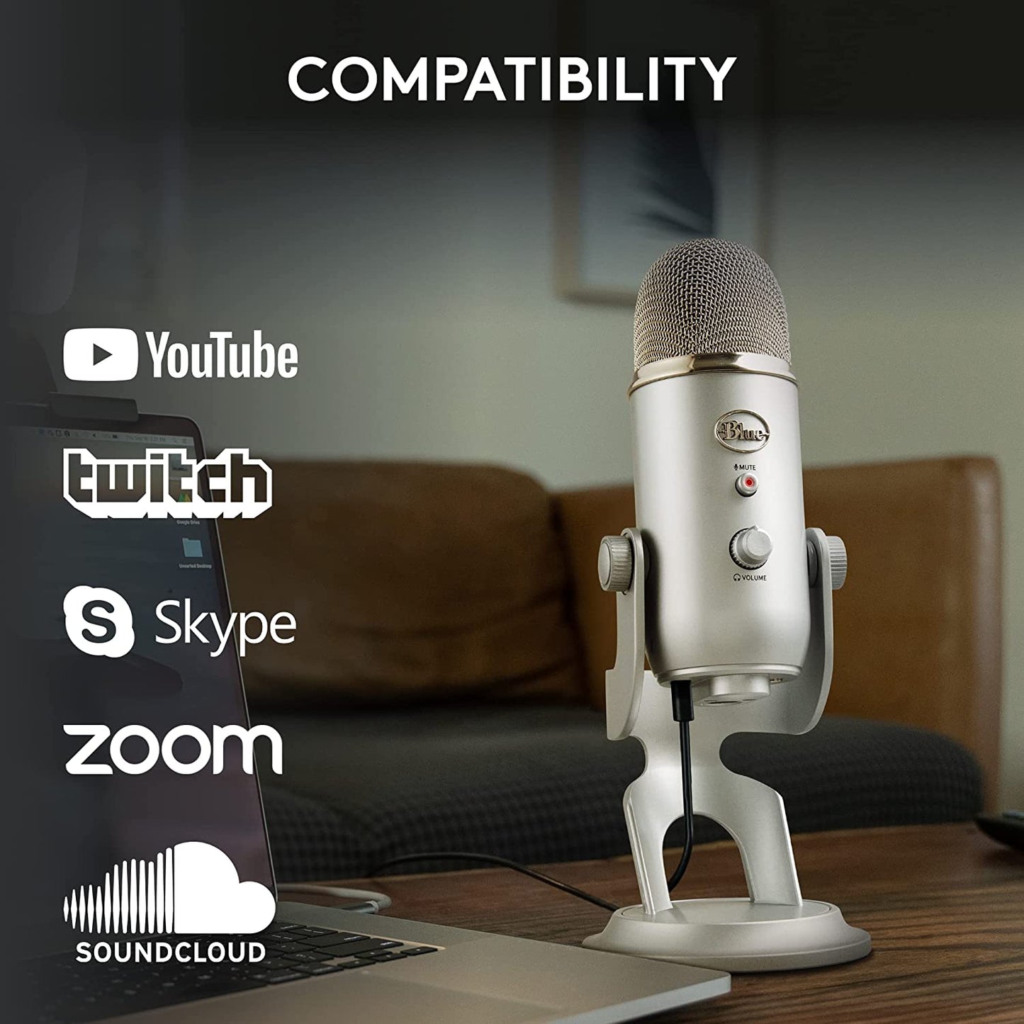 Blue Yeti USB Microphone for Recording, Streaming, Gaming, Podcasting on PC and Mac, Condenser Mic for Laptop or Computer with Blue VO!CE Effects, Adjustable Stand - Silver