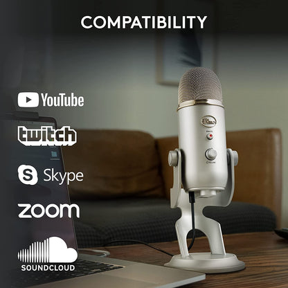 Blue Yeti USB Microphone for Recording, Streaming, Gaming, Podcasting on PC and Mac, Condenser Mic for Laptop or Computer with Blue VO!CE Effects, Adjustable Stand - Silver