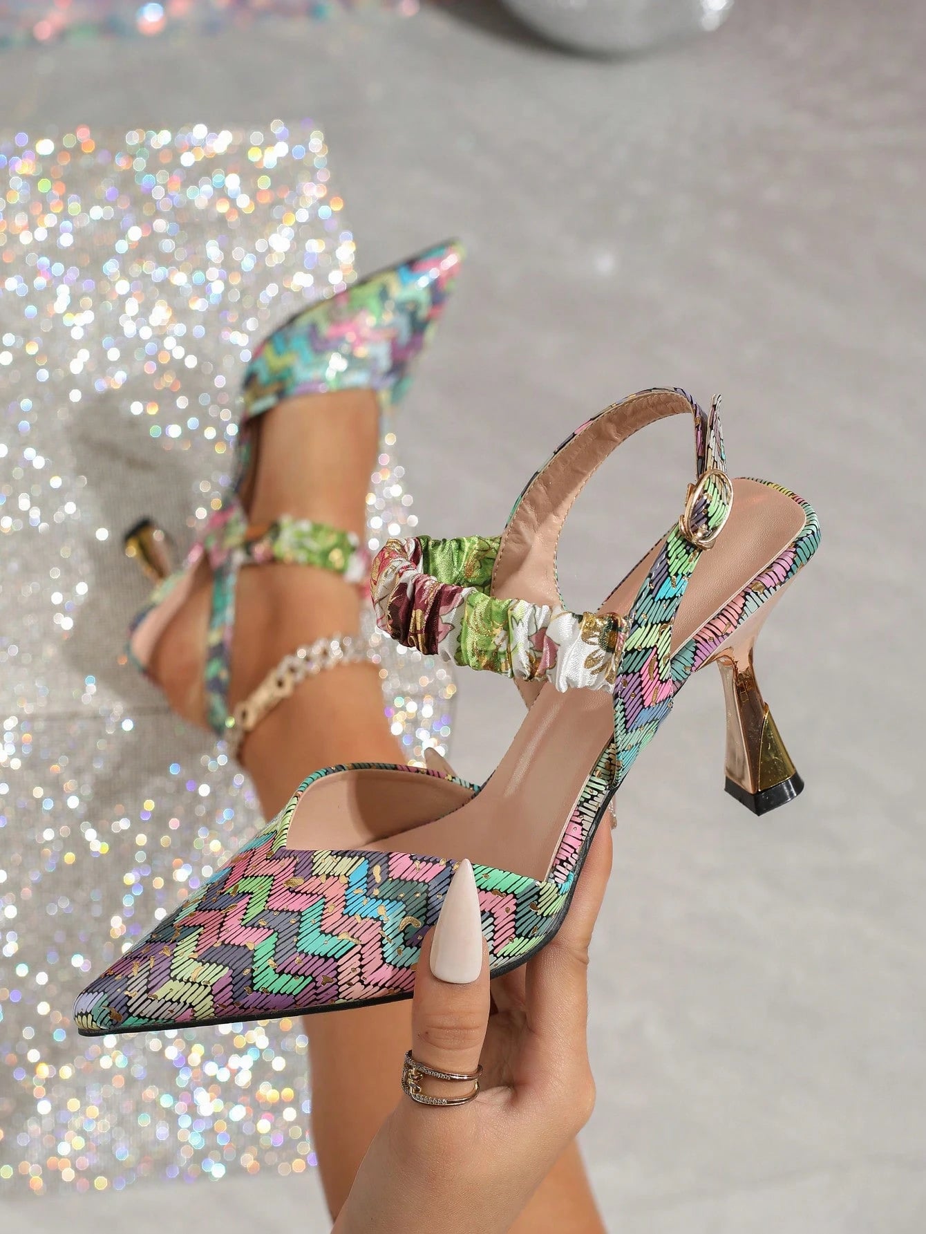 Pink Elastic Strap Back Rhinestone Women'S Sandals, Pointed Toe Backless Square High Heel Shoes, Unique Design