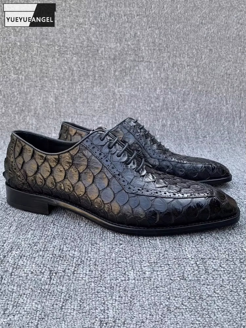 New Designer Luxury Mens Snake Skin Genuine Leather Dress Shoes Handmade Men Party Banquet Business Formal Lace up Derby Shoes