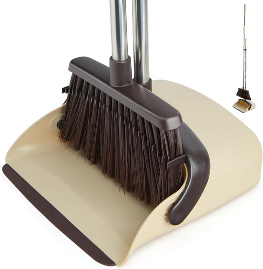 Long Handle Dustpan and Brush Sets, Broom and Dustpan Set with Comb Teeth, Sweeping Brush Set for Indoor Kitchen Lobby Office Sweeping Pet Dog Hair, Household Cleaning Supplies (Brown Beige)
