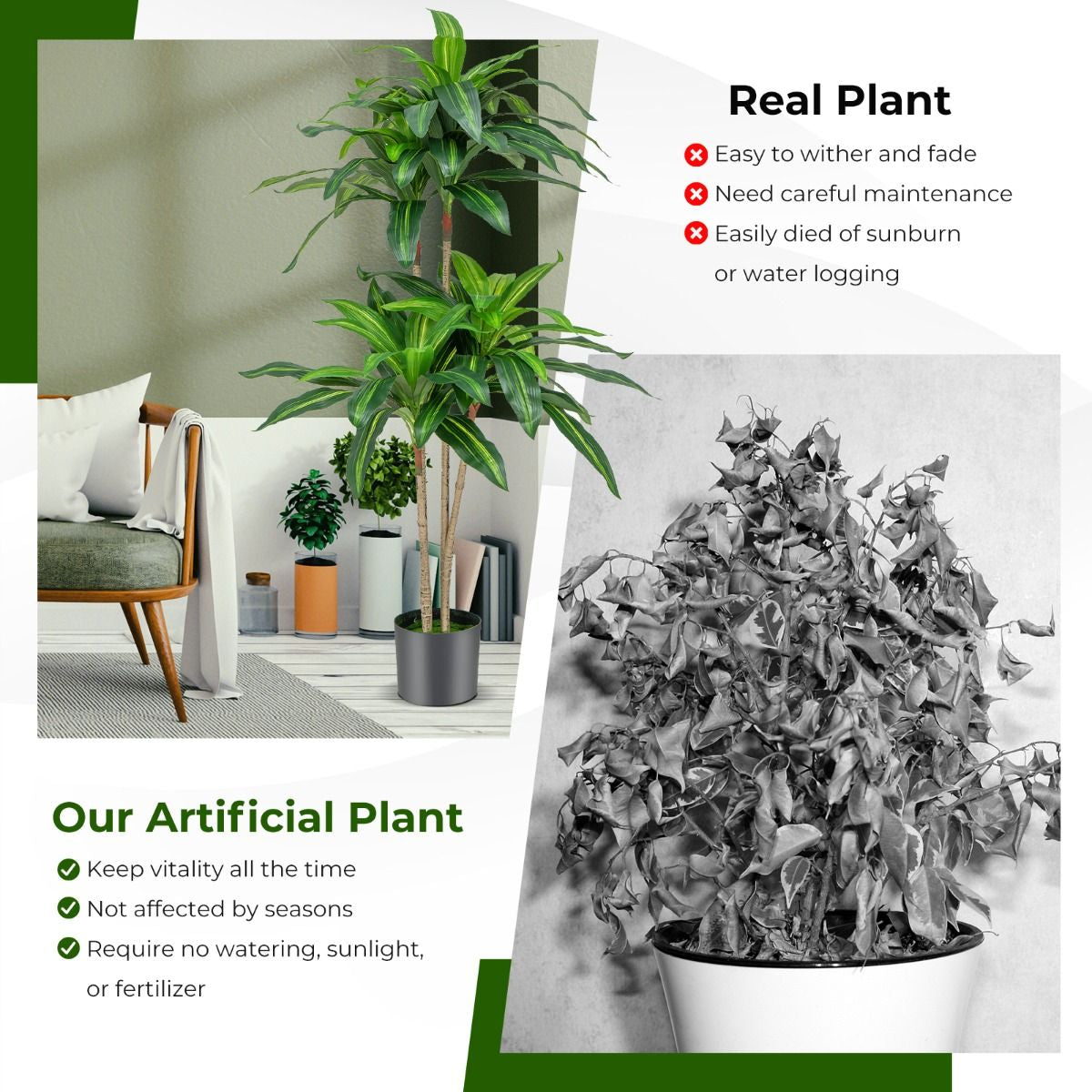 Luxurious 140 cm Artificial Dracaena Plant with 92 Lush Leaves and Sturdy Cement Pot