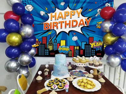 Superhero Cityscape Photo Backdrop 2.4X1.8M Super Hero Party Blue Background Boy Birthday Decoration Banner Background Kids Photo Hero City Birthday Party Decorations