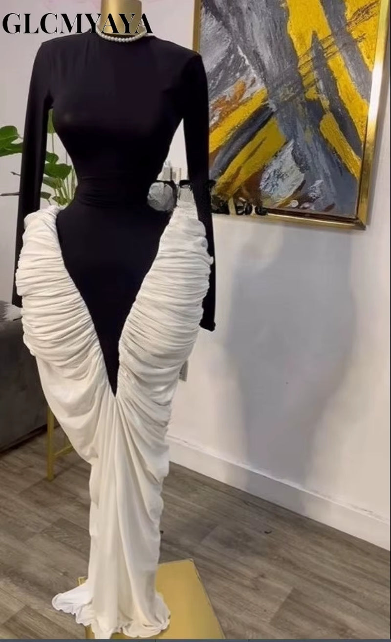 Women Long Sleeve Patchwork Ruched Stacked Lace up Smock Maxi Long Dress 2025 Vacation Party Birthday Dresses Vestidos