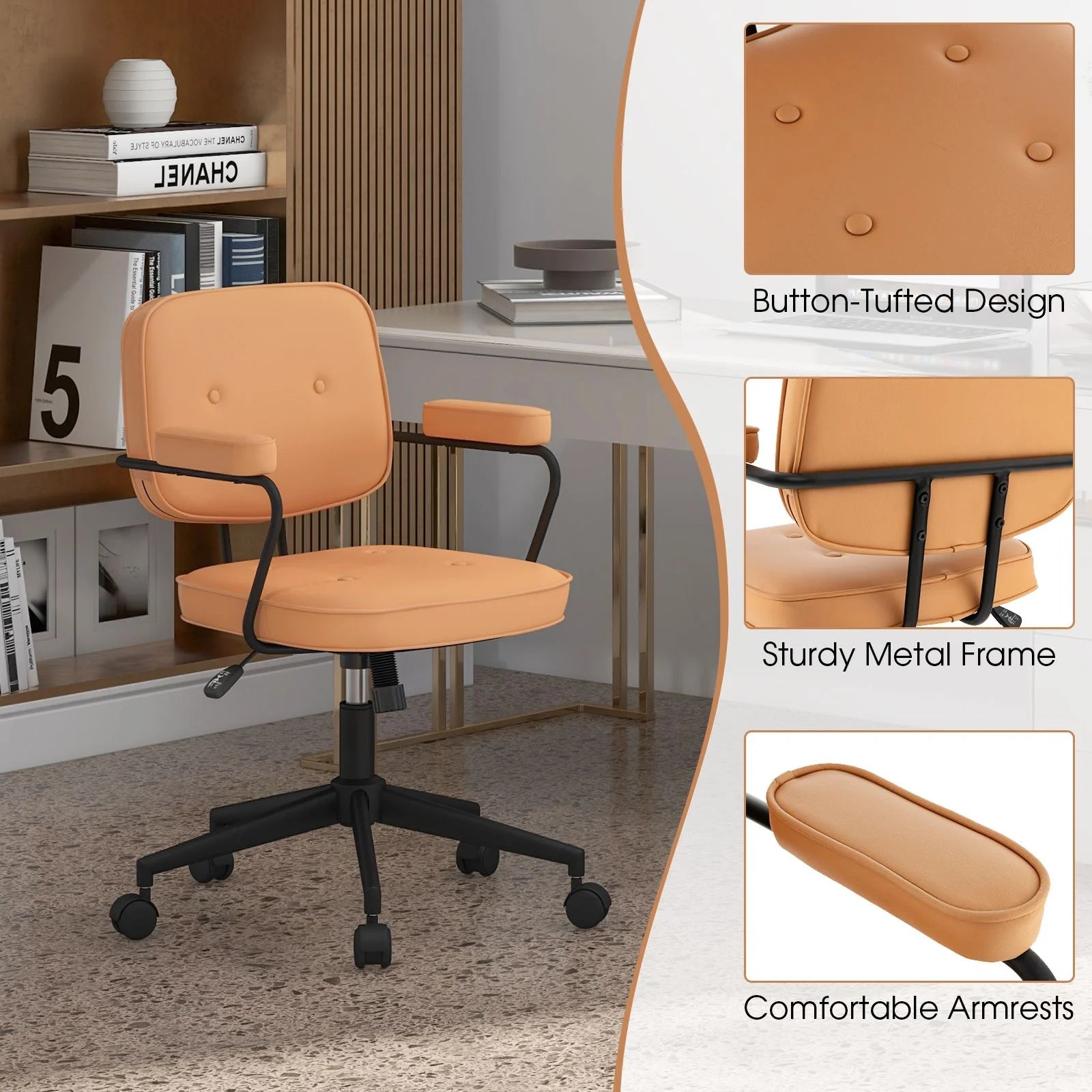 Ergonomic PU Leather Executive Swivel Chair with Adjustable Rocking Backrest in Vibrant Orange