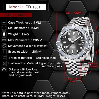 2023  New Luxury Men Mechanical Wristwatch Stainless Steel Sapphire Automatic Watch 100M Waterproof Clock