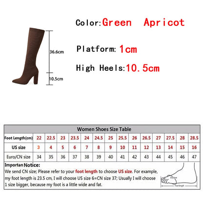 Green Women’s Cozy Knitted Knee-High Boots with Stretch Fabric and Square Heels for Autumn and Winter