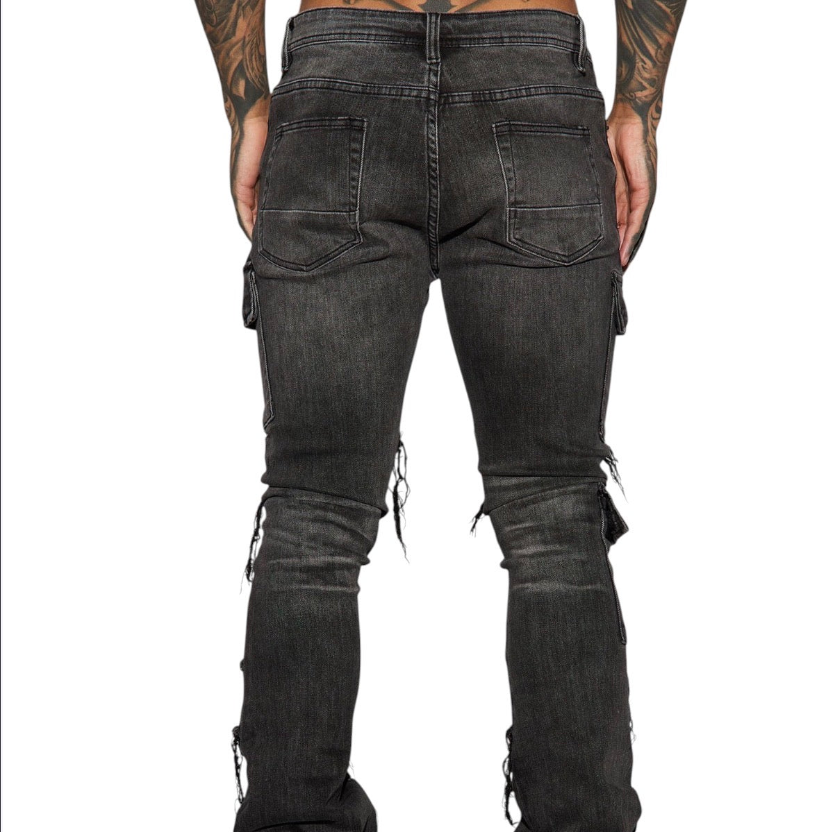 Side Snap Cargo Stacked Skinny Flare Jeans Black Wash
