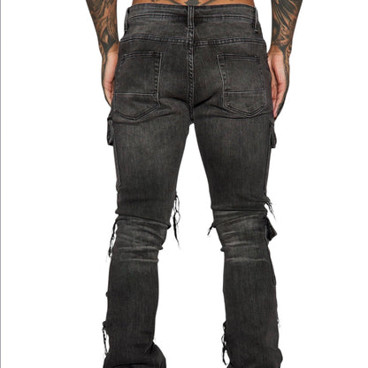 Side Snap Cargo Stacked Skinny Flare Jeans Black Wash
