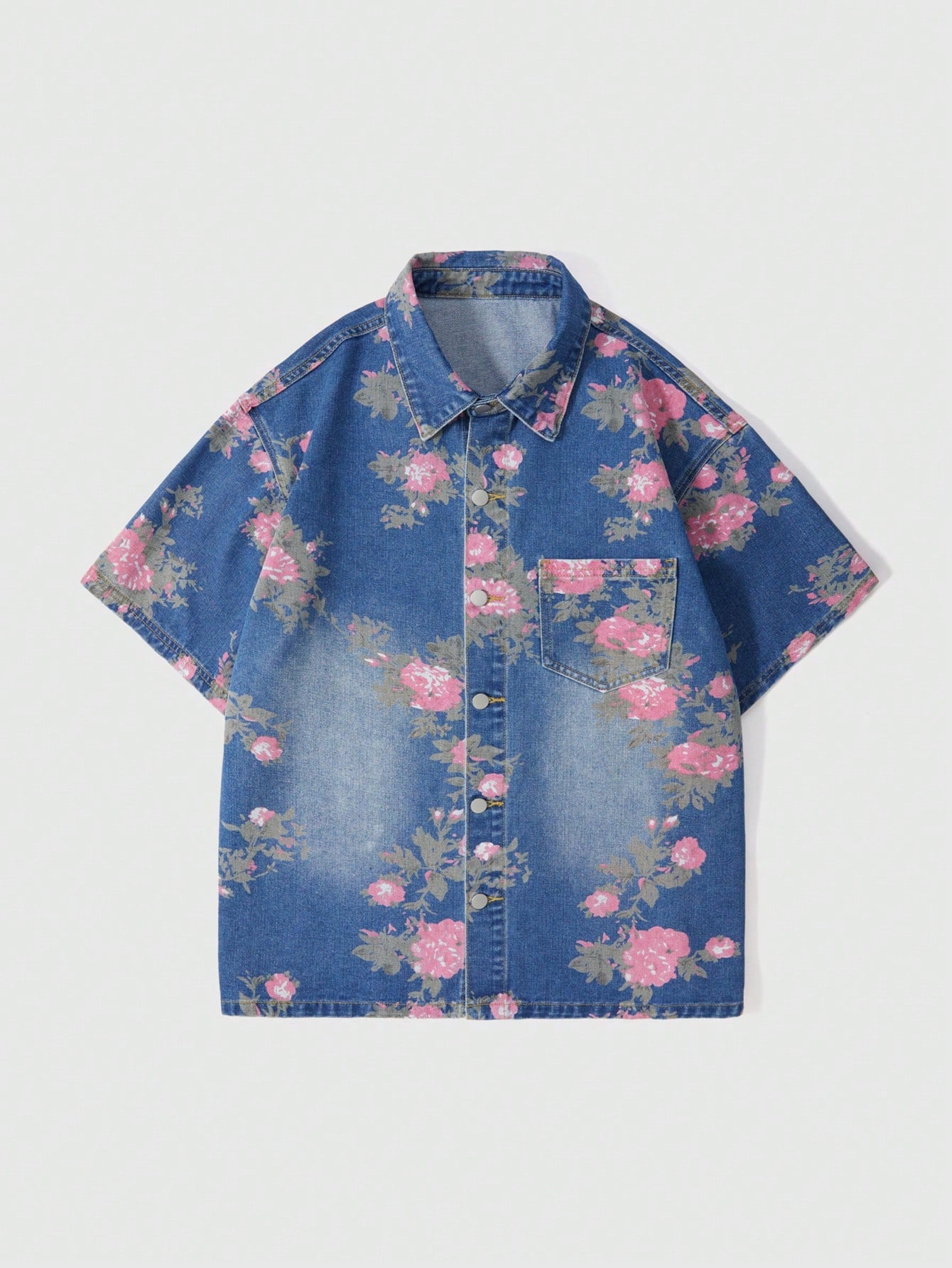 ROMWE MEN Men'S Floral Print Short Sleeve Single-Breasted Pocket Loose Casual Denim Jacket, Vacation