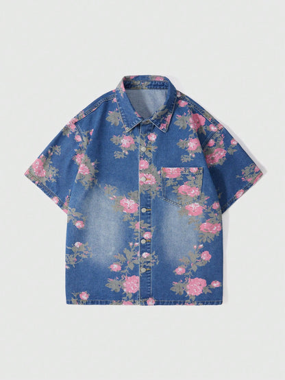 ROMWE MEN Men'S Floral Print Short Sleeve Single-Breasted Pocket Loose Casual Denim Jacket, Vacation