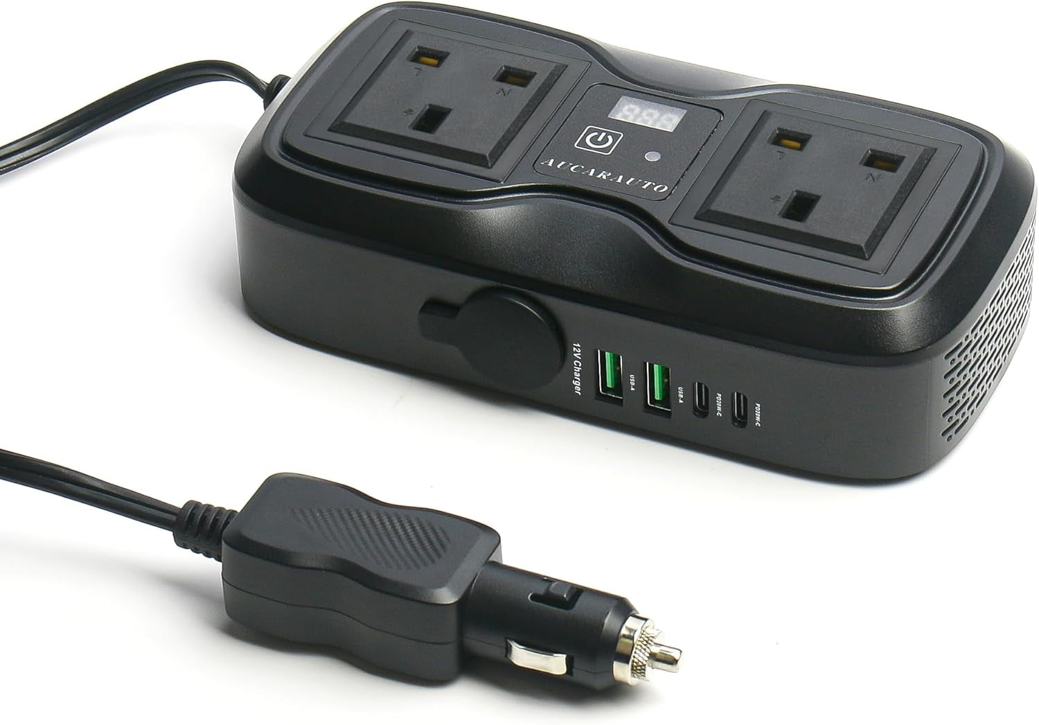 7 in 1 Multi Car Power Inverter 200W 12V to 240V Voltage Converter with LED Voltmeter, 4-Port PD/QC3.0 USB Charge, 3-Pin Sockets and Cigarette Lighter Splitter, USB C Car Charger for Laptop