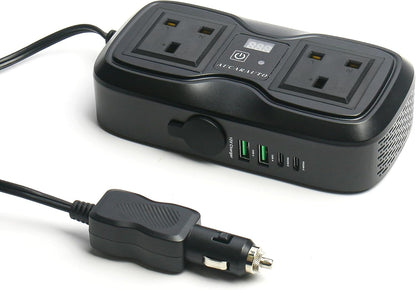 7 in 1 Multi Car Power Inverter 200W 12V to 240V Voltage Converter with LED Voltmeter, 4-Port PD/QC3.0 USB Charge, 3-Pin Sockets and Cigarette Lighter Splitter, USB C Car Charger for Laptop