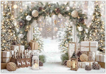 7X5Ft Christmas Gold White Backdrop Winter Xmas Trees Gifts Warm Snowy Brown Outdoor Pure Holy Background Celebrate Festival Decor Photo Banner Props