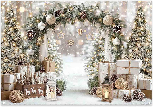 7X5Ft Christmas Gold White Backdrop Winter Xmas Trees Gifts Warm Snowy Brown Outdoor Pure Holy Background Celebrate Festival Decor Photo Banner Props
