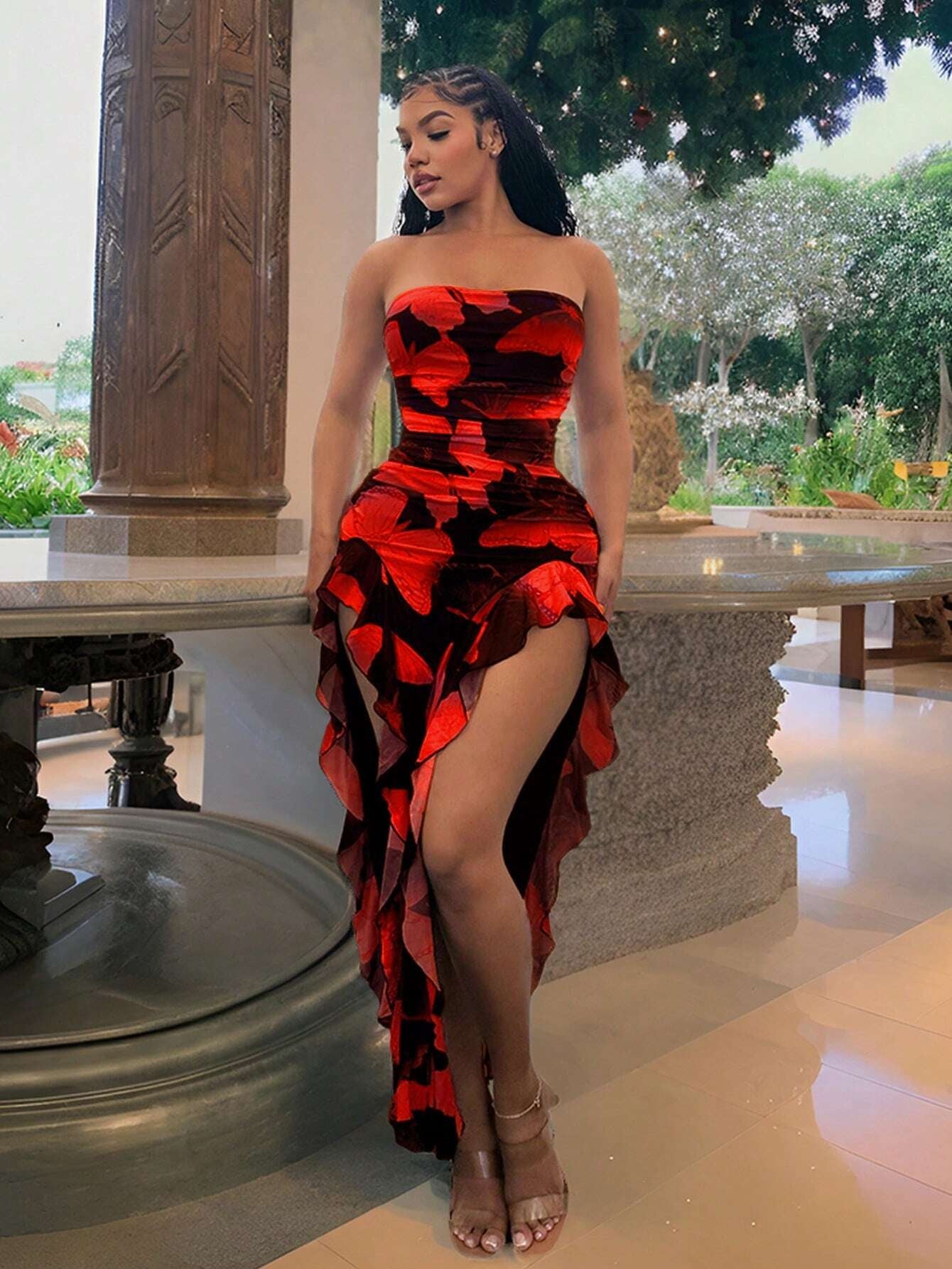 SXY Summer Butterfly Print Flared High-Low Bandeau Bodycon Dress