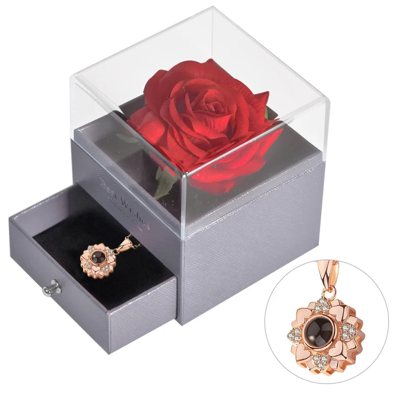 Eternal Rose Jewelry Box with 100 Languages "I Love You" Necklace – The Ultimate Romantic Gift!