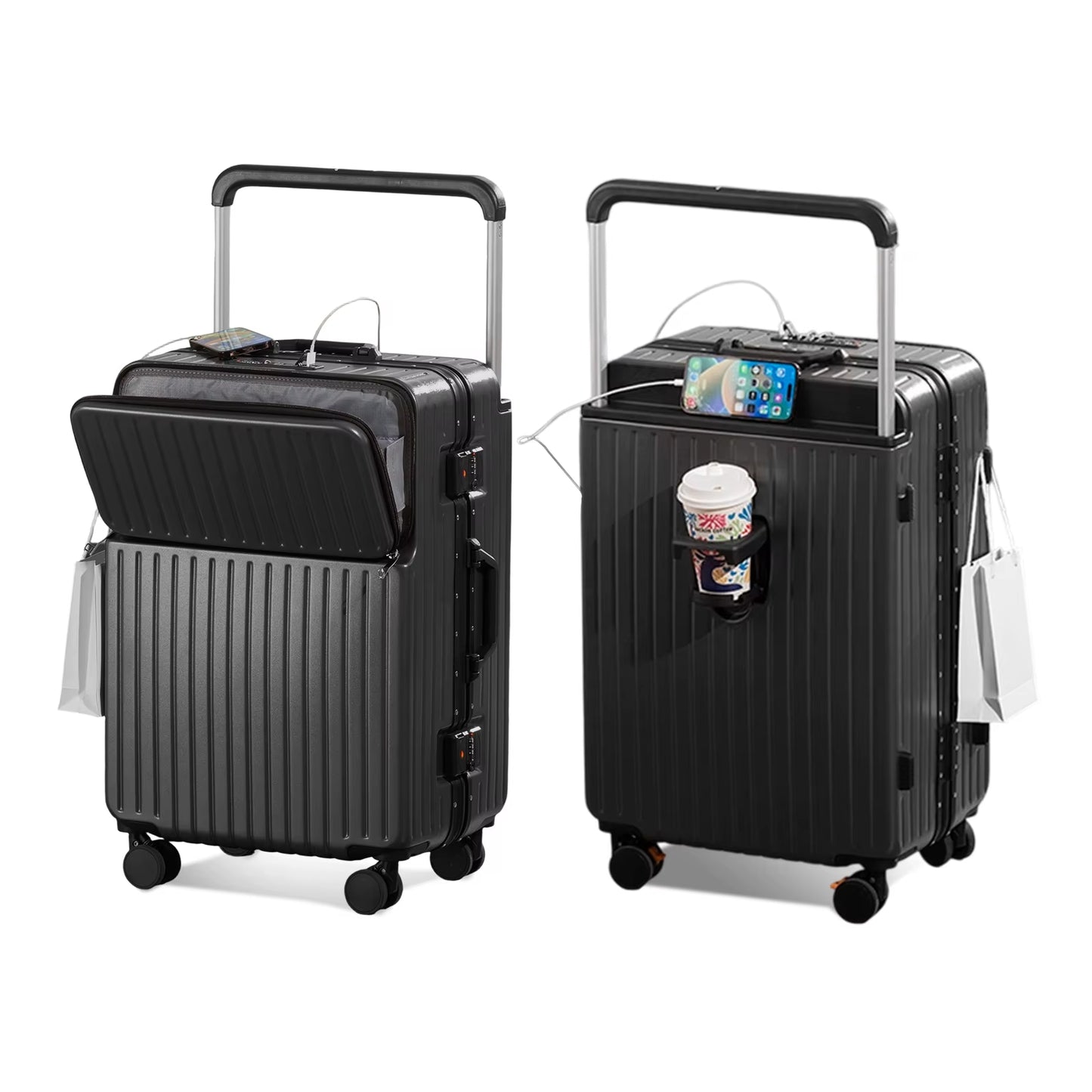 Luggage Aluminum Frame Hard Shell Trolley Case, TSA Lock, with Cup Holder and Phone Holder, USB, 20“-26”