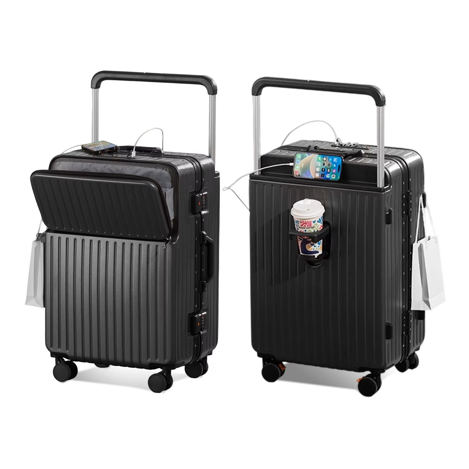 Luggage Aluminum Frame Hard Shell Trolley Case, TSA Lock, with Cup Holder and Phone Holder, USB, 20“-26”