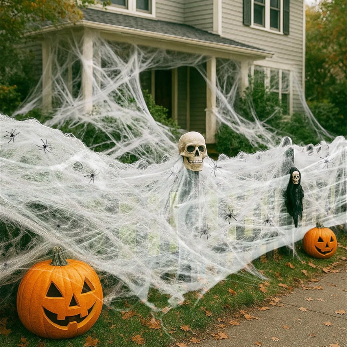 Halloween Spider Web Decoration Set 300g | 60 Black Spiders
