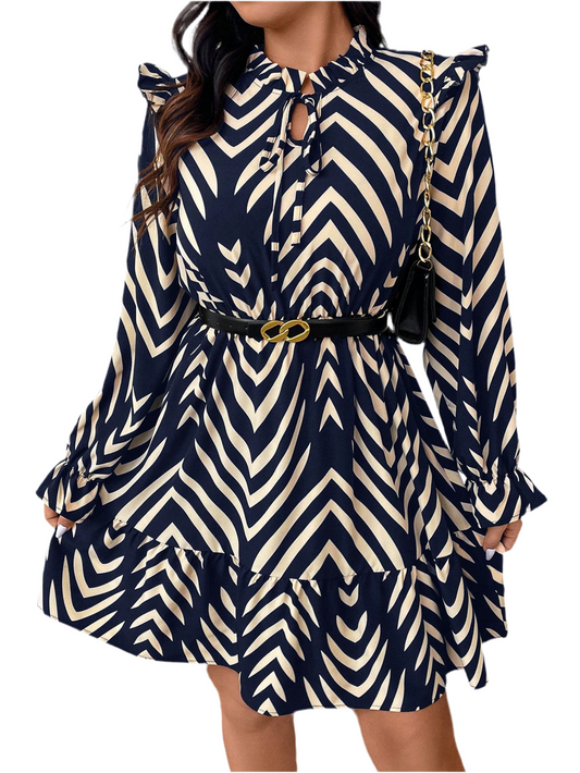 Plus Size A-Line Geometric Print Dress for Women with Waist Cinching and Long Sleeves