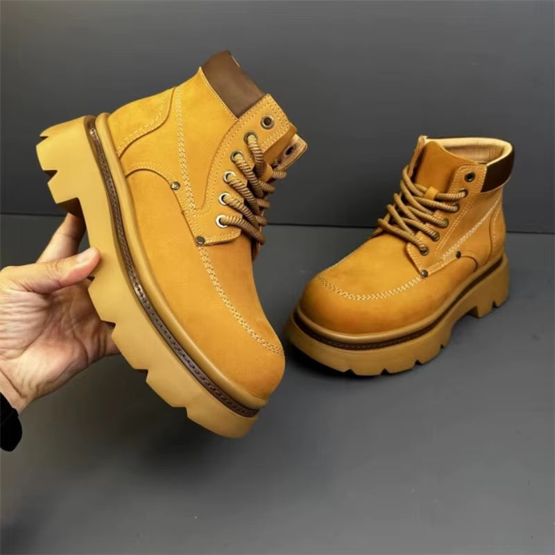 Men'S Genuine Leather Thick Soled Ankle Boots Fashion Waterproof Man Lace up Designer Boot