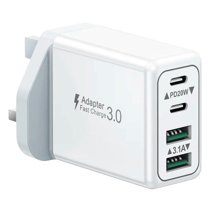 40W 4-Port USB-C Fast Charger Plug UK PD QC Multiport Wall Adapter