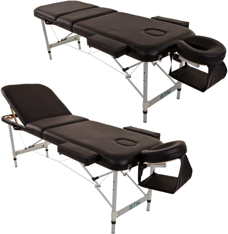 Premium Black Portable 3-Section Massage Table Bed with Aluminum Frame and Premium PU Leather - Perfect for Tattoo, Spa, and Reiki Therapy