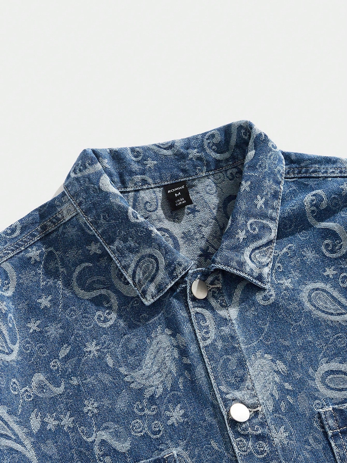 ROMWE MEN Grunge Punk Men'S Summer Vacation Paisley Print Patchwork Pocket Short Sleeve Denim Shirt