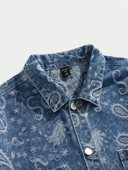 ROMWE MEN Grunge Punk Men'S Summer Vacation Paisley Print Patchwork Pocket Short Sleeve Denim Shirt