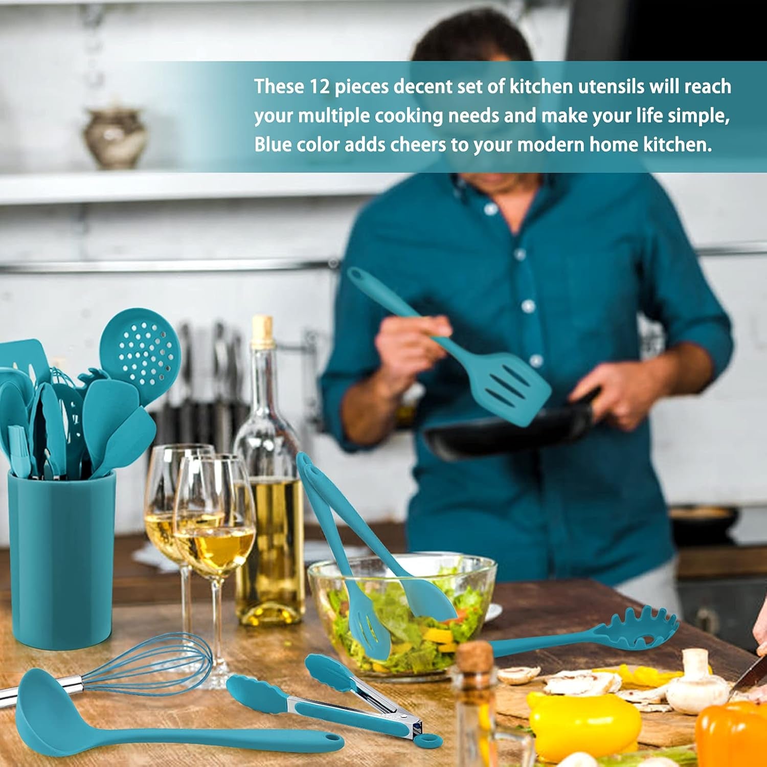 Silicone Kitchen Utensil Set,  12 Piece Cooking Utensils with Holder, Heat Resistant Kitchen Tools Spatulas Set for Cooking Baking Mixing, Safe for Non Stick Cookware (Dark Blue)