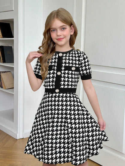 Tween Girls' Houndstooth Print Patchwork A-Line Dress with Button Detail, Elegant Schoolgirl Style for Back to School and Casual Wear