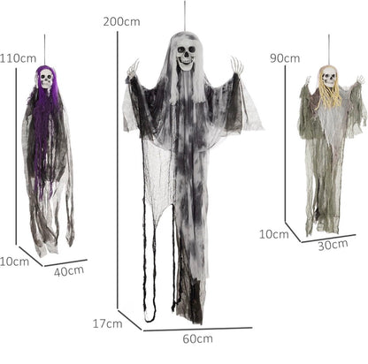 HOMCOM Hanging Skeleton Halloween Decorations Set of 3 90/110/170cm