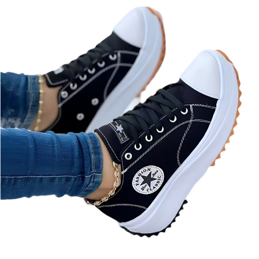 Flat Lace-Up Sneakers Pattern Canvas Casual Women Sport Shoes