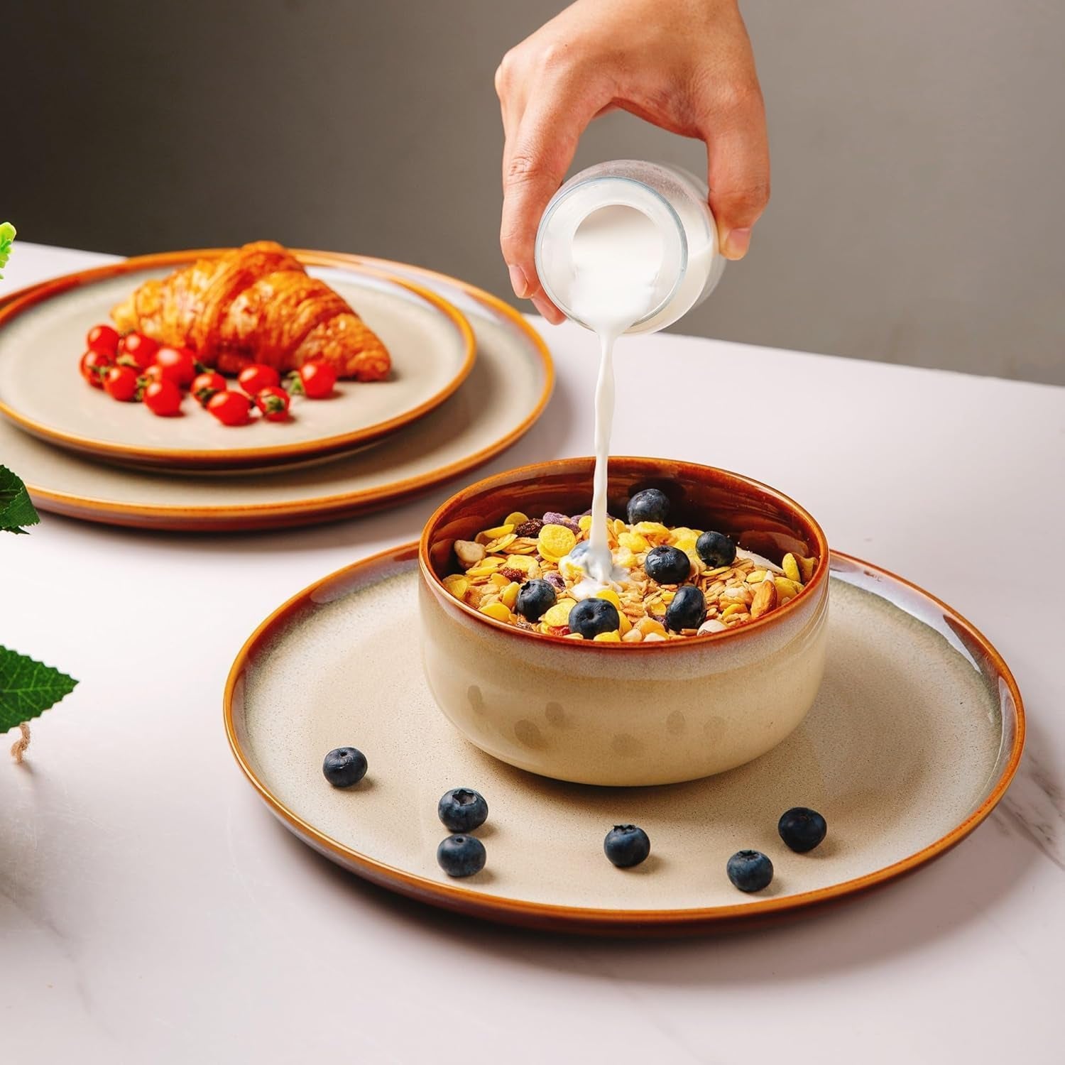 Dinner Set for 6, 18 Piece Stoneware Plates and Bowls Set, Chip & Scratch Resistant Reactive Glazed Dinnerware Set, Dishwasher & Microwave Safe Crockery Set (Cappuccino, Service for 6)
