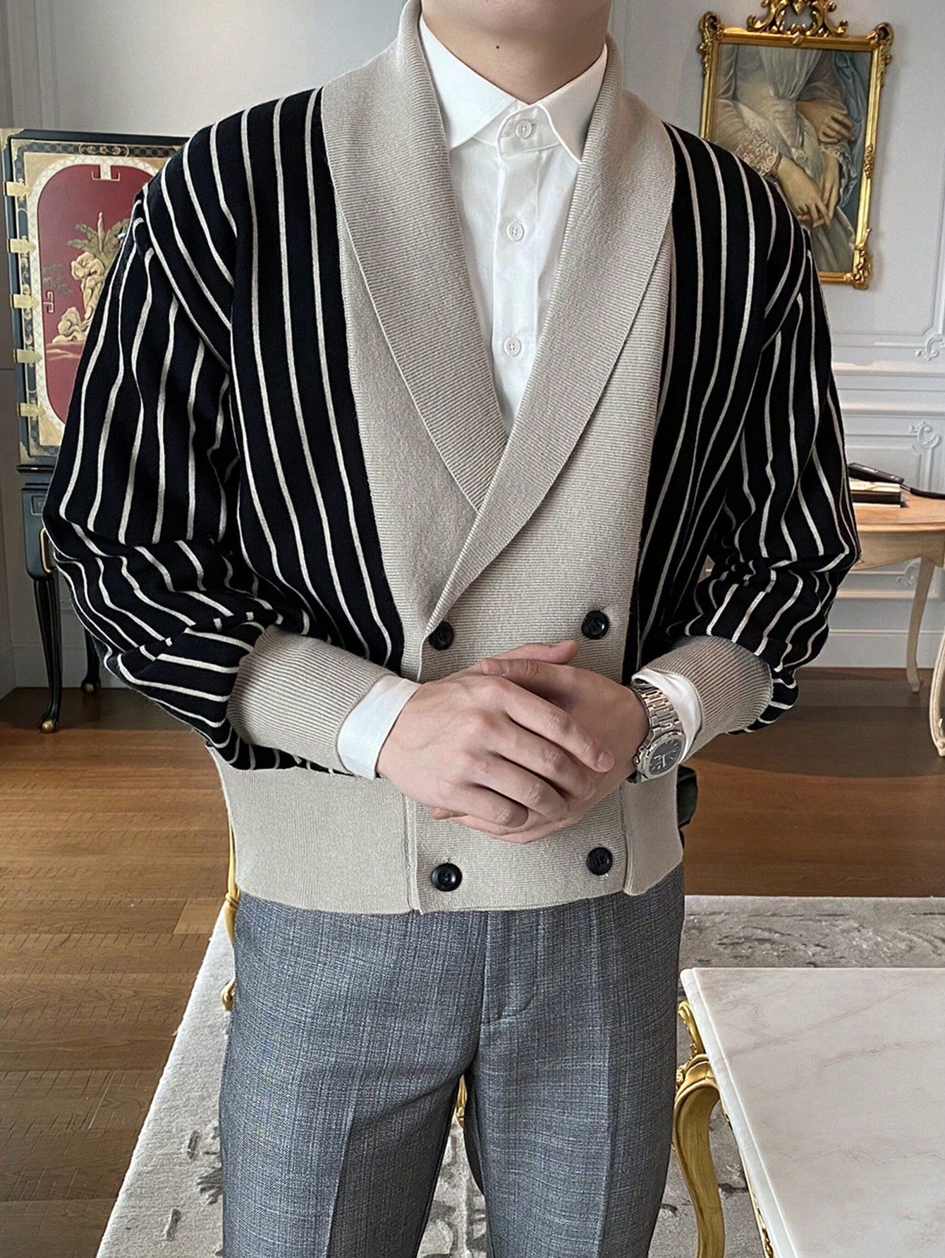 Men Striped Pattern Shawl Collar Double Breasted Cardigan, for Fall Winter