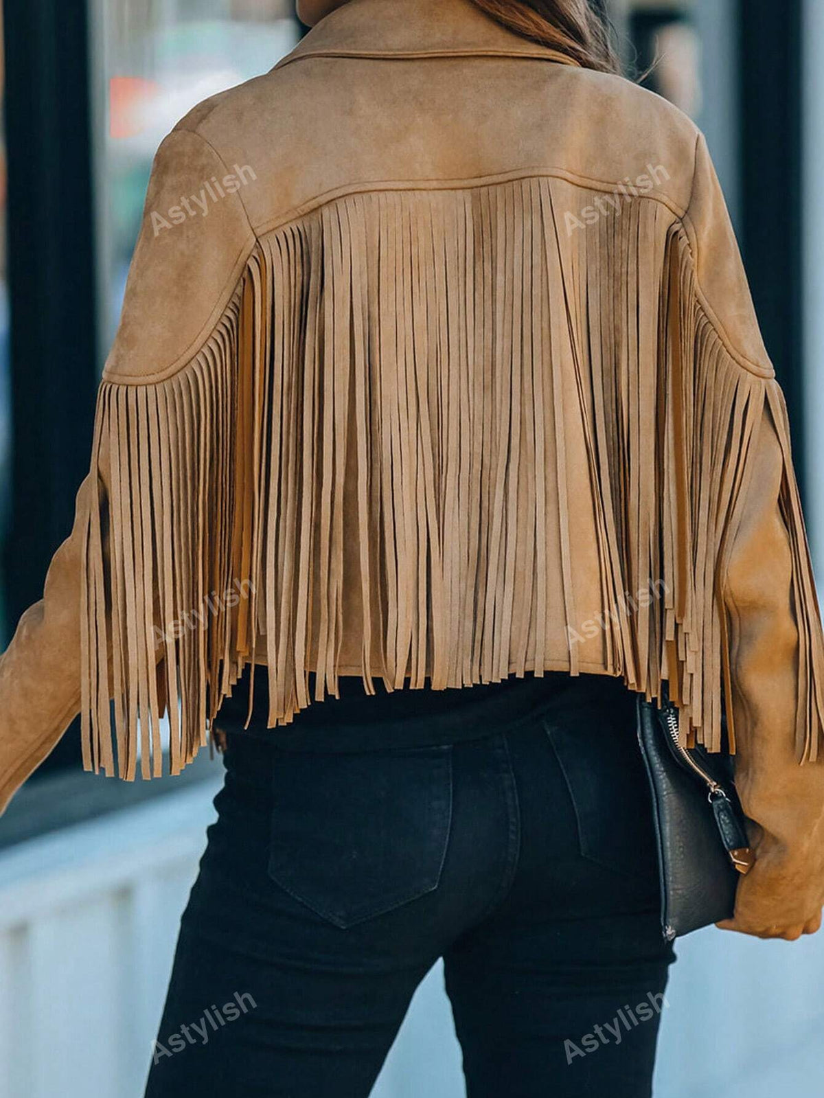 Astylish Women Western Wear Long Sleeve Fringe Open Front Faux Suede Moto Jacket Festival Outfit
