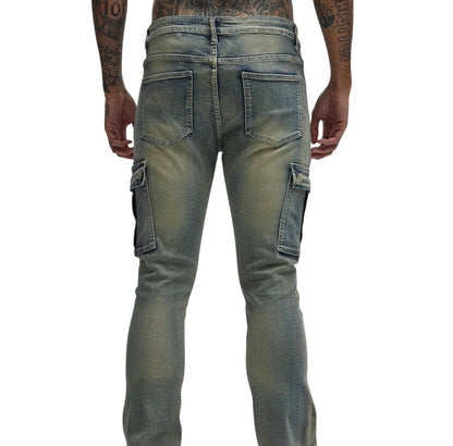 Ruthless Embroidered Stacked Skinny Cargo Flare Jeans Medium Wash