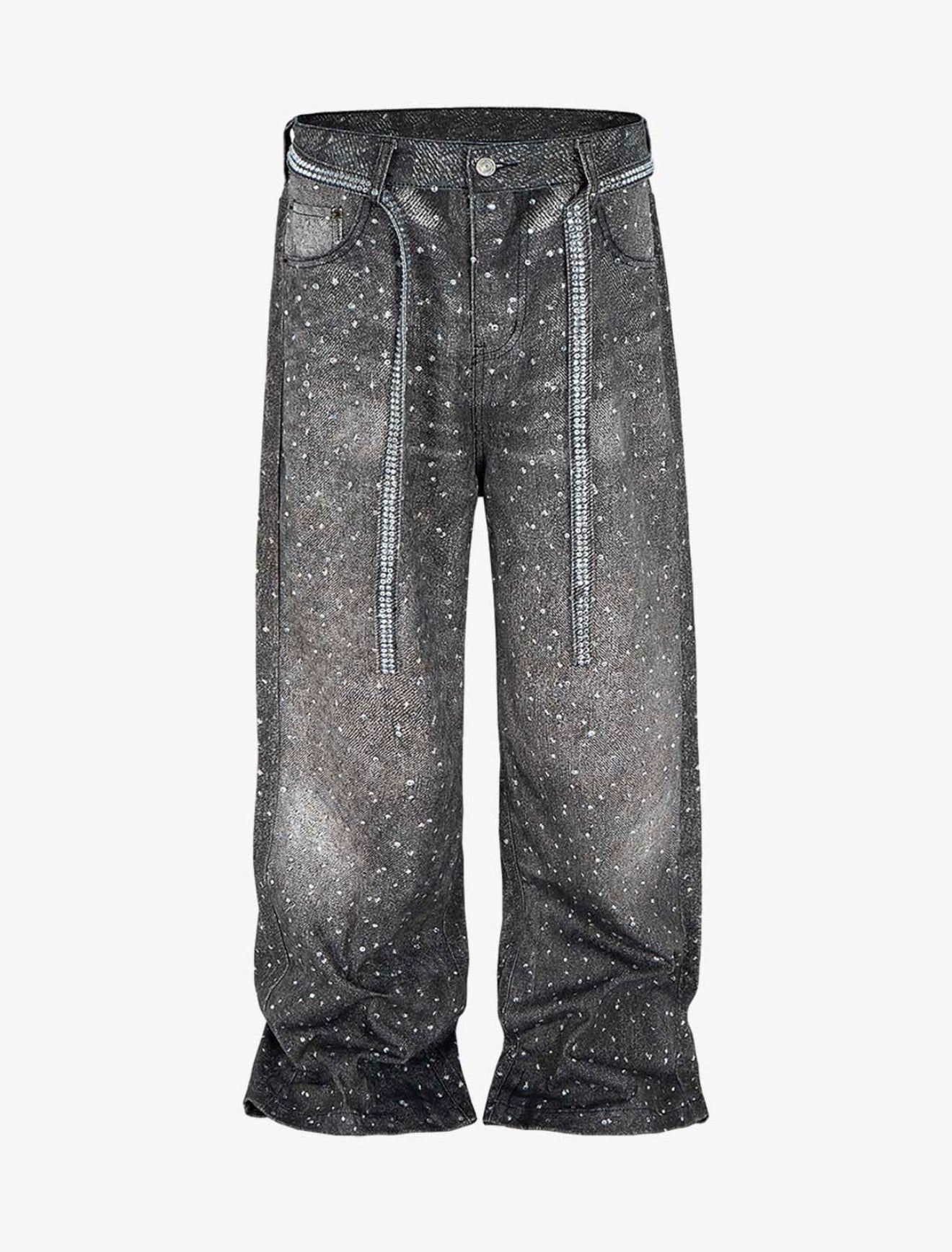 DENIM DISTRESSED BELT DIAMOND DECORATED JEANS