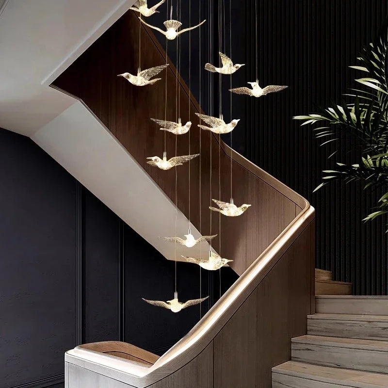 Luxury Led Chandelier for Staircase Modern Home Decor Hanging Lamp Creative Bird Design Lighting Acrylic Living Room Lustre