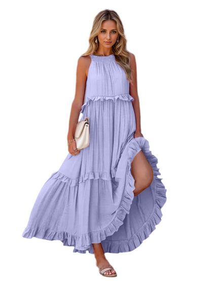 Ruffled Sleeveless Tiered Maxi Dress with Pockets